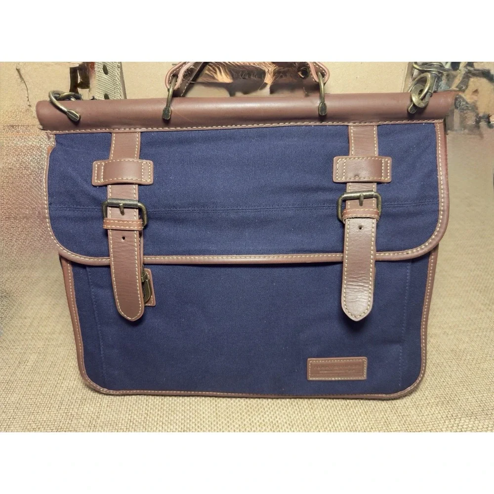 Tommy Hilfiger Navy Canvas‎ Double Flap Over Messenger Bag Leather Business Case